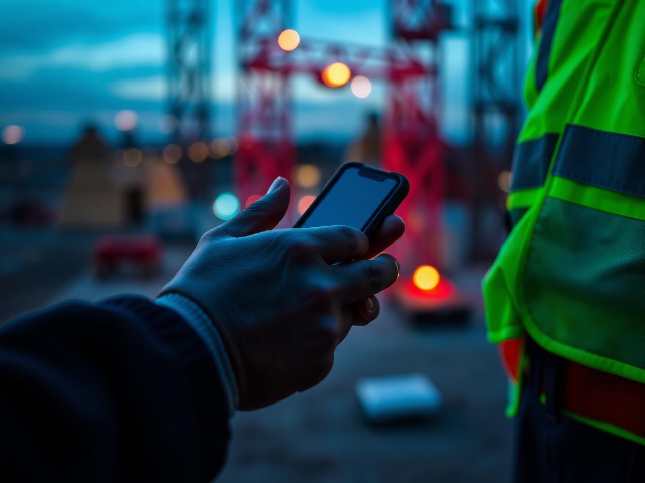 Technician documenting a job site at dusk