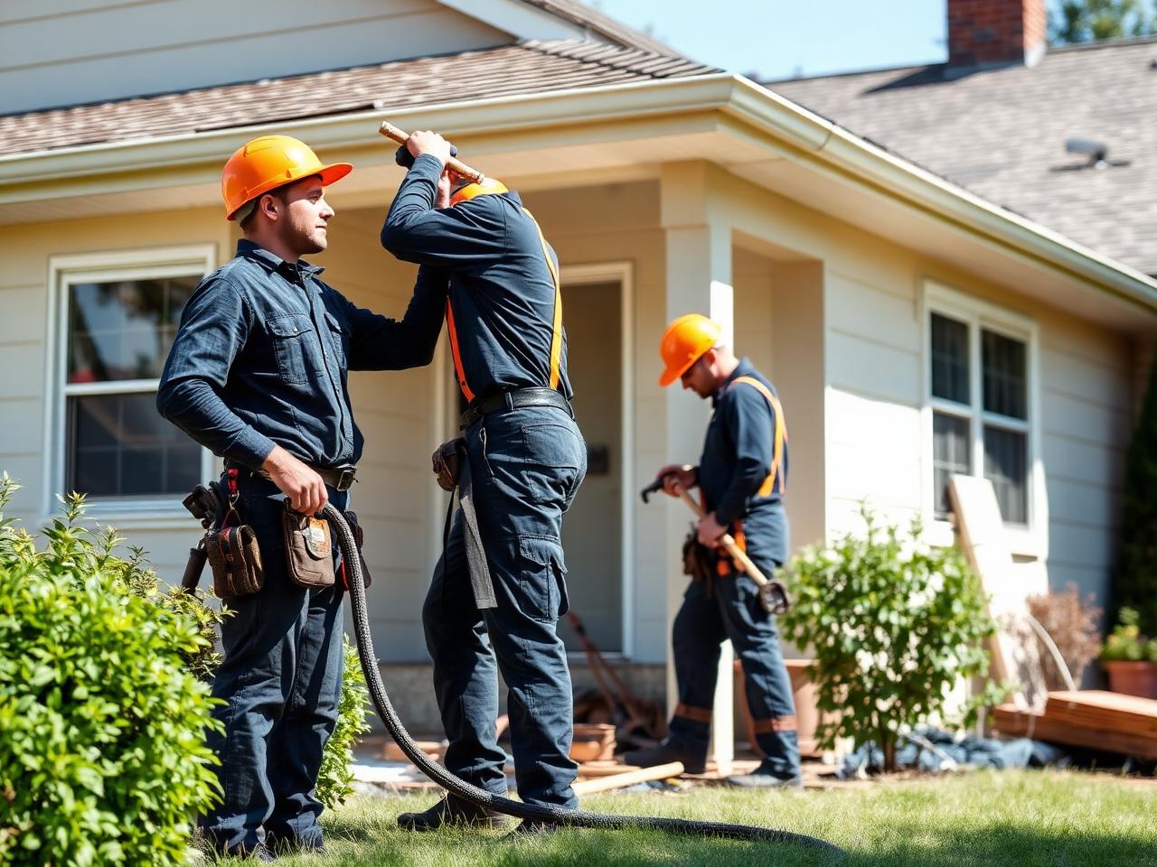 Roofing and plumbing contractors working on a residential job